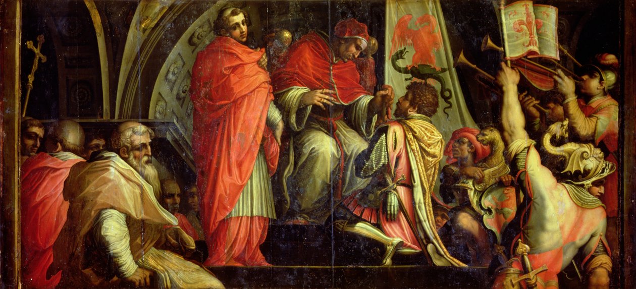 Clement IV (1265-68) levererade vapen till ledarna för Guelph-partiet från taket på Salone dei Cinquecento, 1565 (panel) av Giorgio Vasari