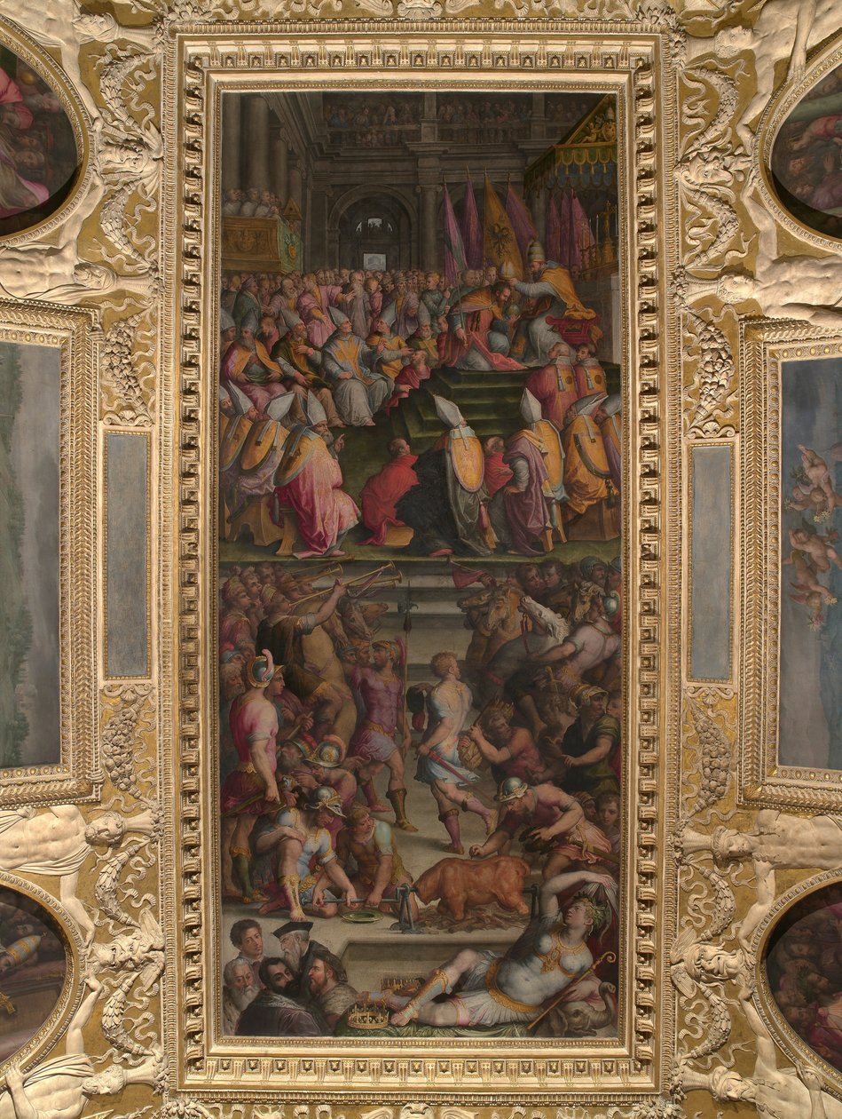 Clement VII crowns Charles V in San Petronio in Bologna  av Giorgio Vasari