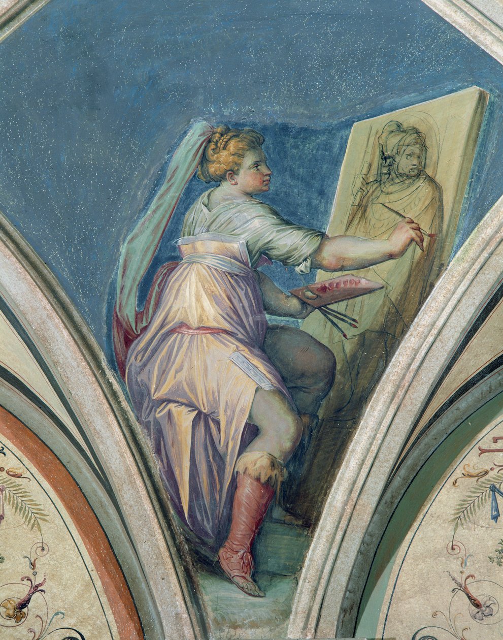 Sittande kvinna som målar ett porträtt av en man, möjligen konstnären, från Camera della Fama e delle Arti (Camera della Fama e delle Arti) 1542 av Giorgio Vasari