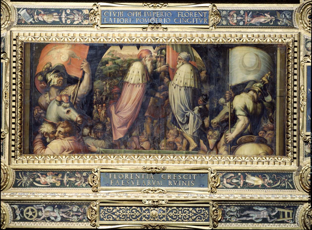 Unionen av Florens och Fiesole från taket på Salone dei Cinquecento, 1565 (panel) av Giorgio Vasari
