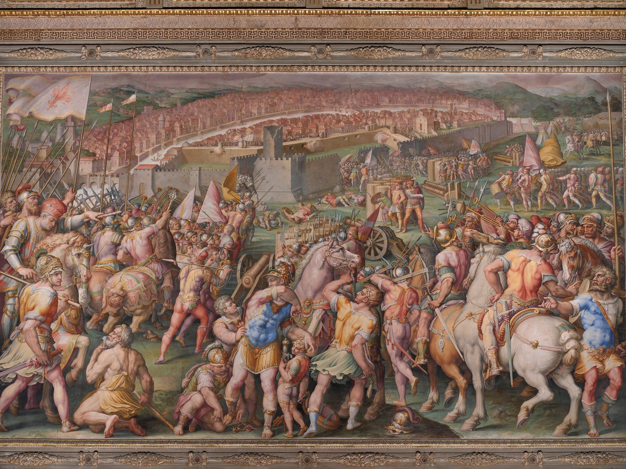 The storming of the fortress of Stampace in Pisa  av Giorgio Vasari