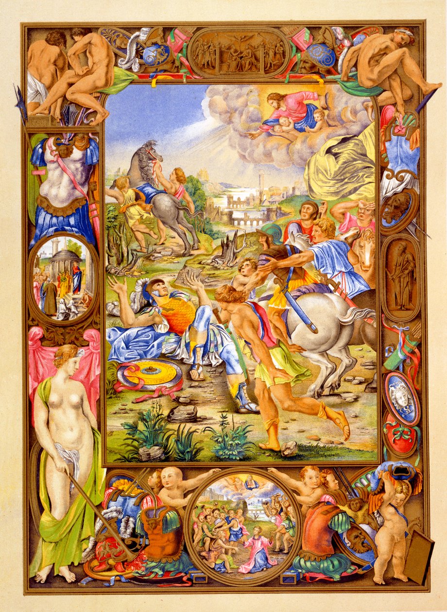 Faksimil av en manuskriptillustration av Paulus omvändelse från kommentarer till Paulus brev till romarna, först publicerad C15:e färg litho av Giorgio Giulio Clovio