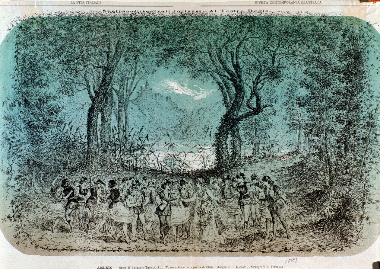 Illustration för scenen av Ophelias galenskap i Hamlet av Ambroise Thomas av Giorgio Dalsani