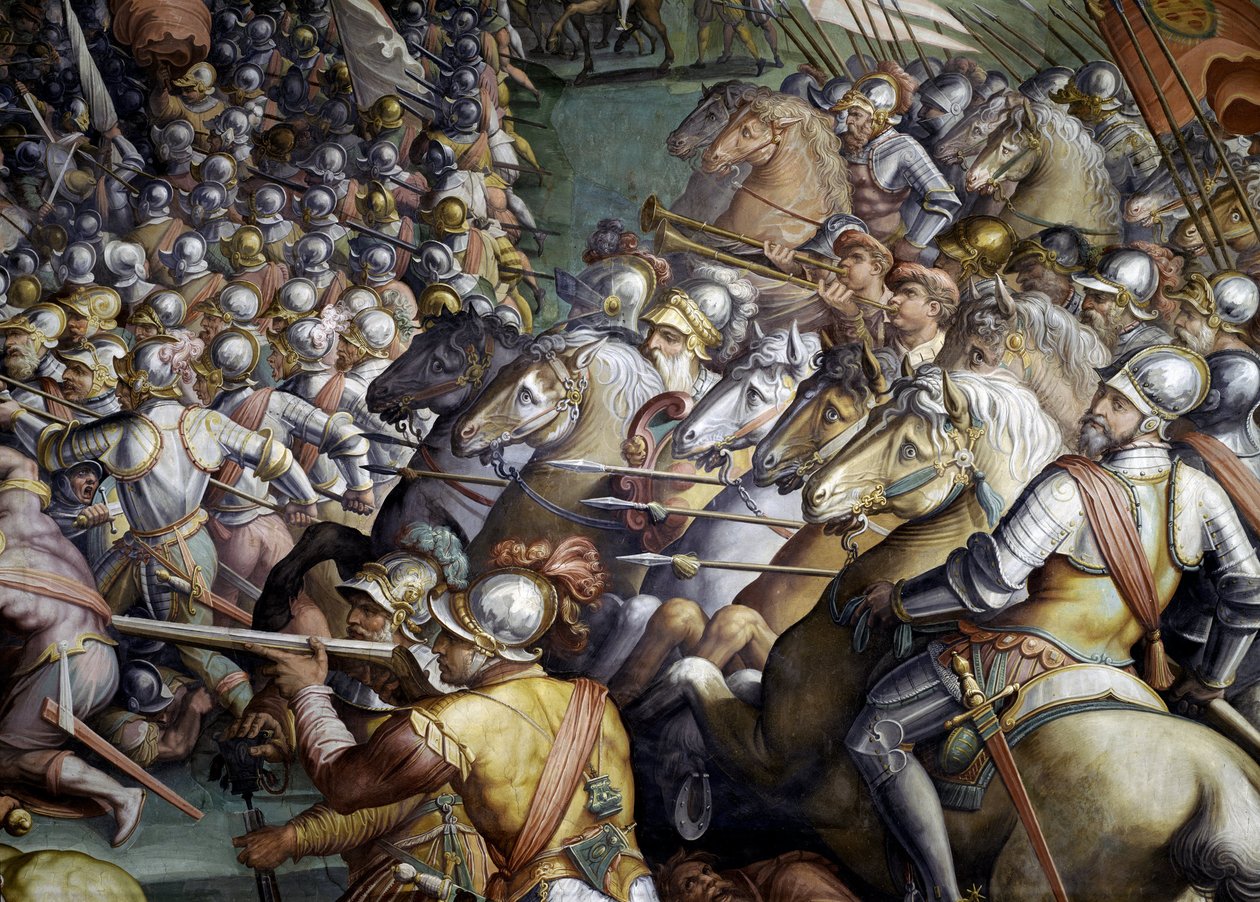 Slaget vid Scannagallo i Valdichiana (Val di Chiana). Detalj av. Freskomålning av Giorgio Vasari och hans ateljé (1511-1574). Palazzo Vecchio (Salone dei Cinquecento) av Giorgio (and workshop) Vasari