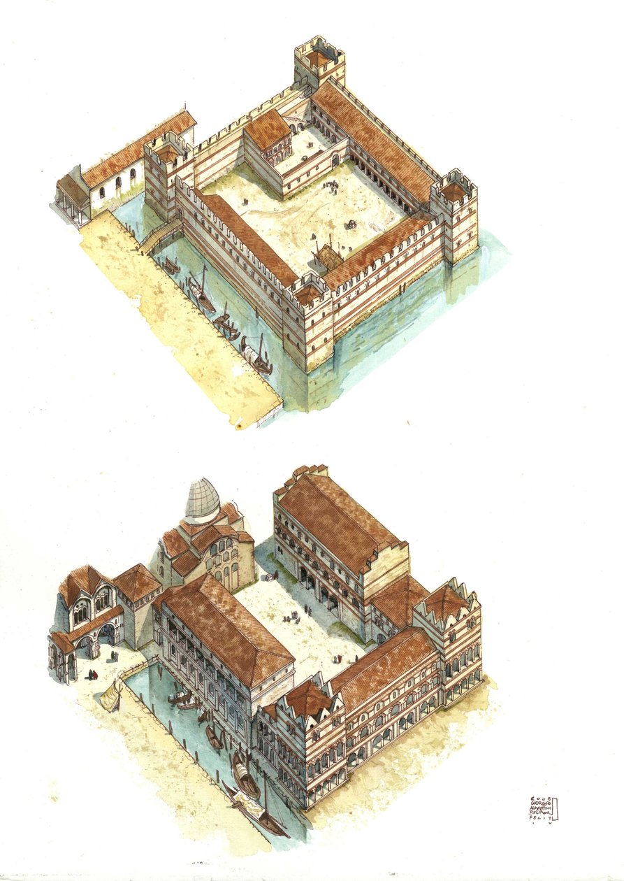 Flygfoto över de olika faserna i byggandet av Dogepalatset (eller Hertigpalatset eller Palazzo Ducale) på Markusplatsen i Venedig under 700- och 1100-talet. Italien av Giorgio Albertini