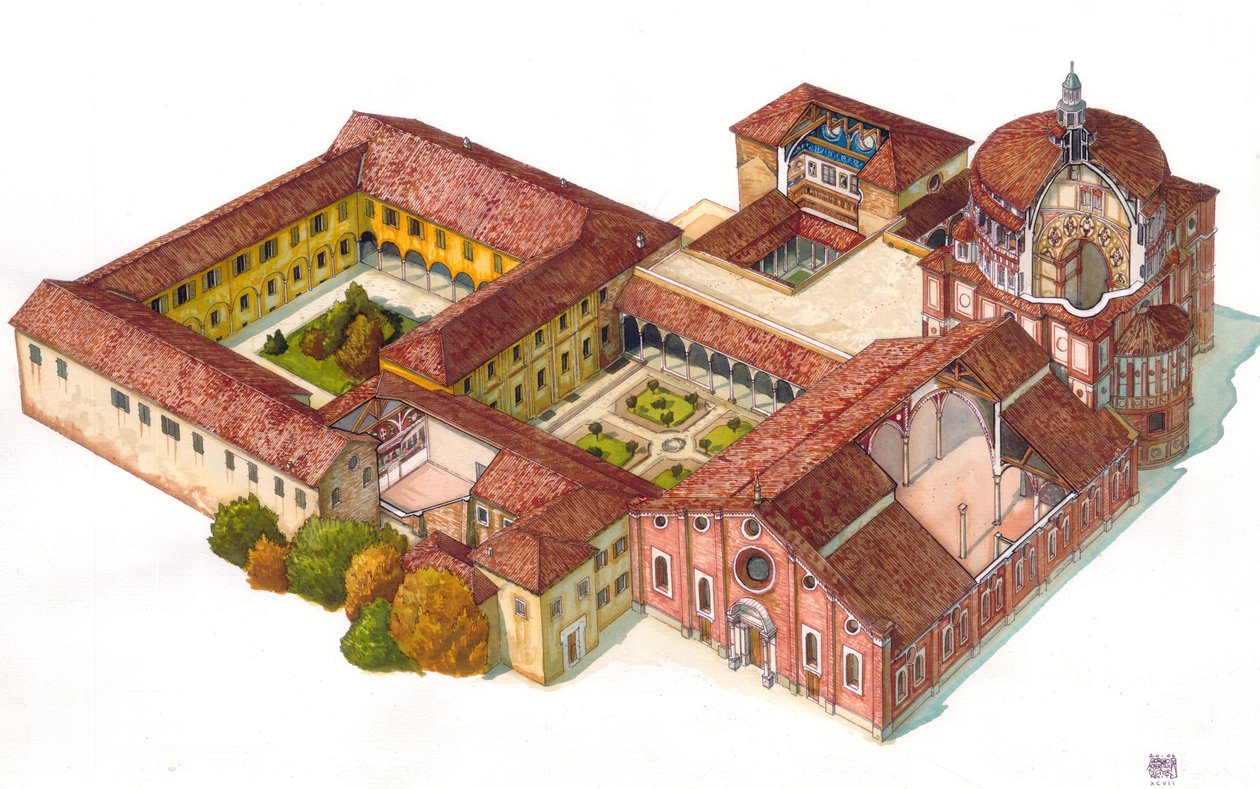 Aeriansk vy över kyrkan Santa Maria delle Grazie, grundad 1463 av dominikanerna, i Milano, Italien. I refektoriet syns Leonard de Vincis Cene (Cenacolo). av Giorgio Albertini