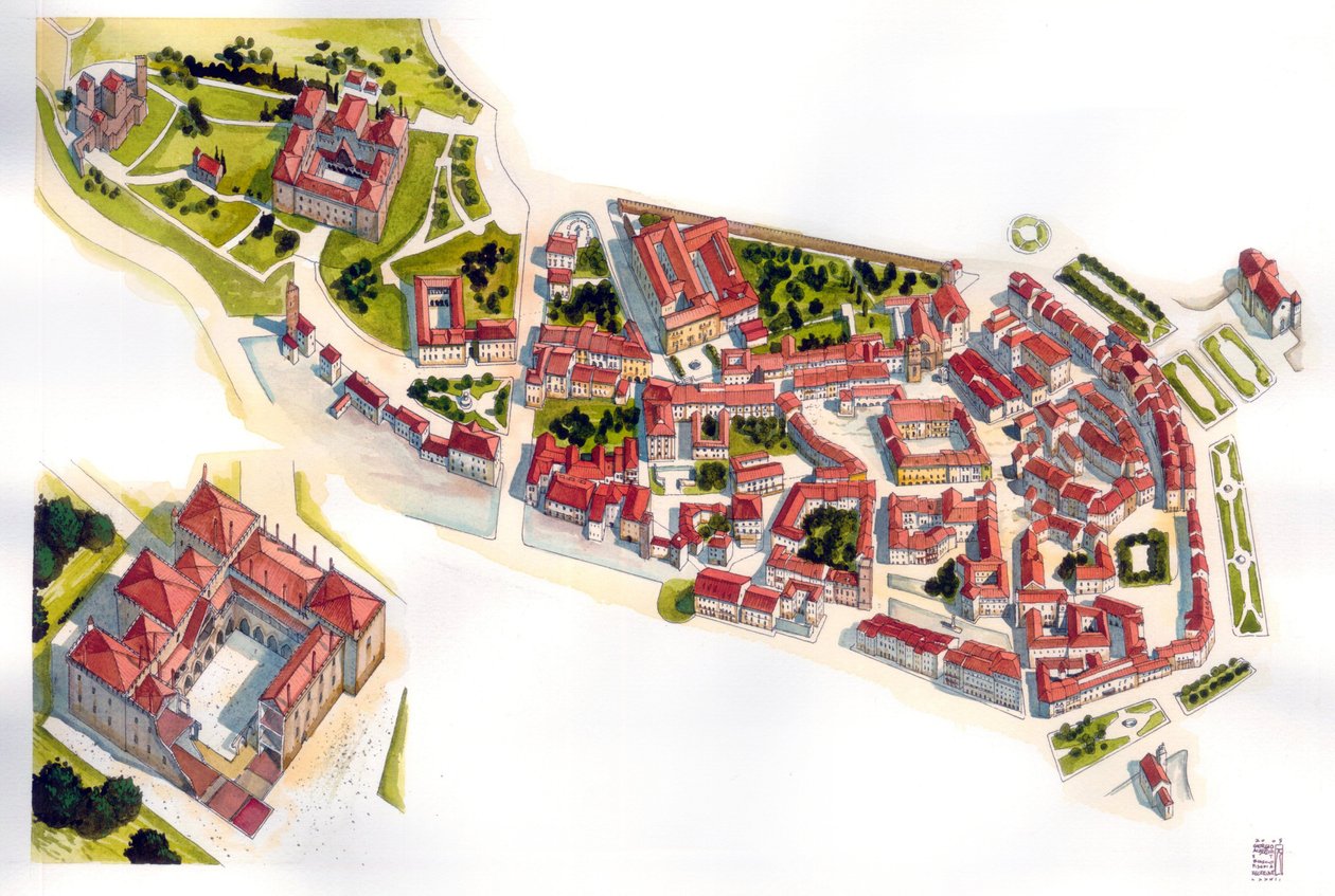 Aeriansk vy över staden Guimaraes: till vänster slottet och klostret som byggdes på 1000-talet. Portugal. Illustration av Giorgio Albertini. (Användningen av denna författares verk är inte föremål för en ansökan om tillstånd från en tredje part eller till  av Giorgio Albertini