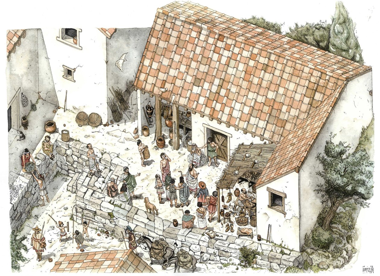 Antikens Grekland: Återuppbyggnad av en skomakares (savers) butik i Athenes på 500-talet f.Kr.: Filosofen Sokrates avbildas där i diskussion med sina medmänniskor. Grekland Illustration av Giorgio Albertini. (Användningen av denna författares av Giorgio Albertini