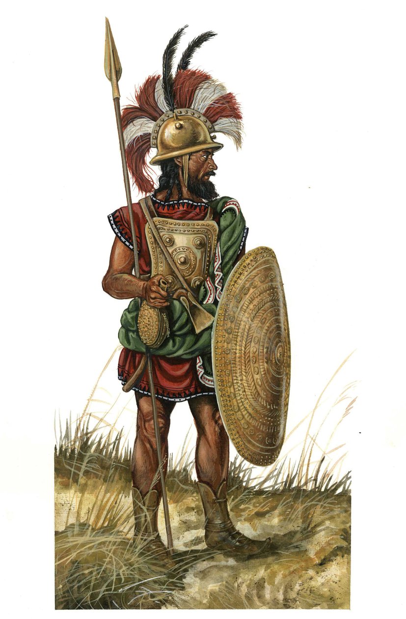 Antika Rom (arkaisk 753-530 f.Kr.): framställning av ett krigsvapen, hjälm, sköld, spjut (monarkisk period på 800-talet f.Kr.) av Giorgio Albertini