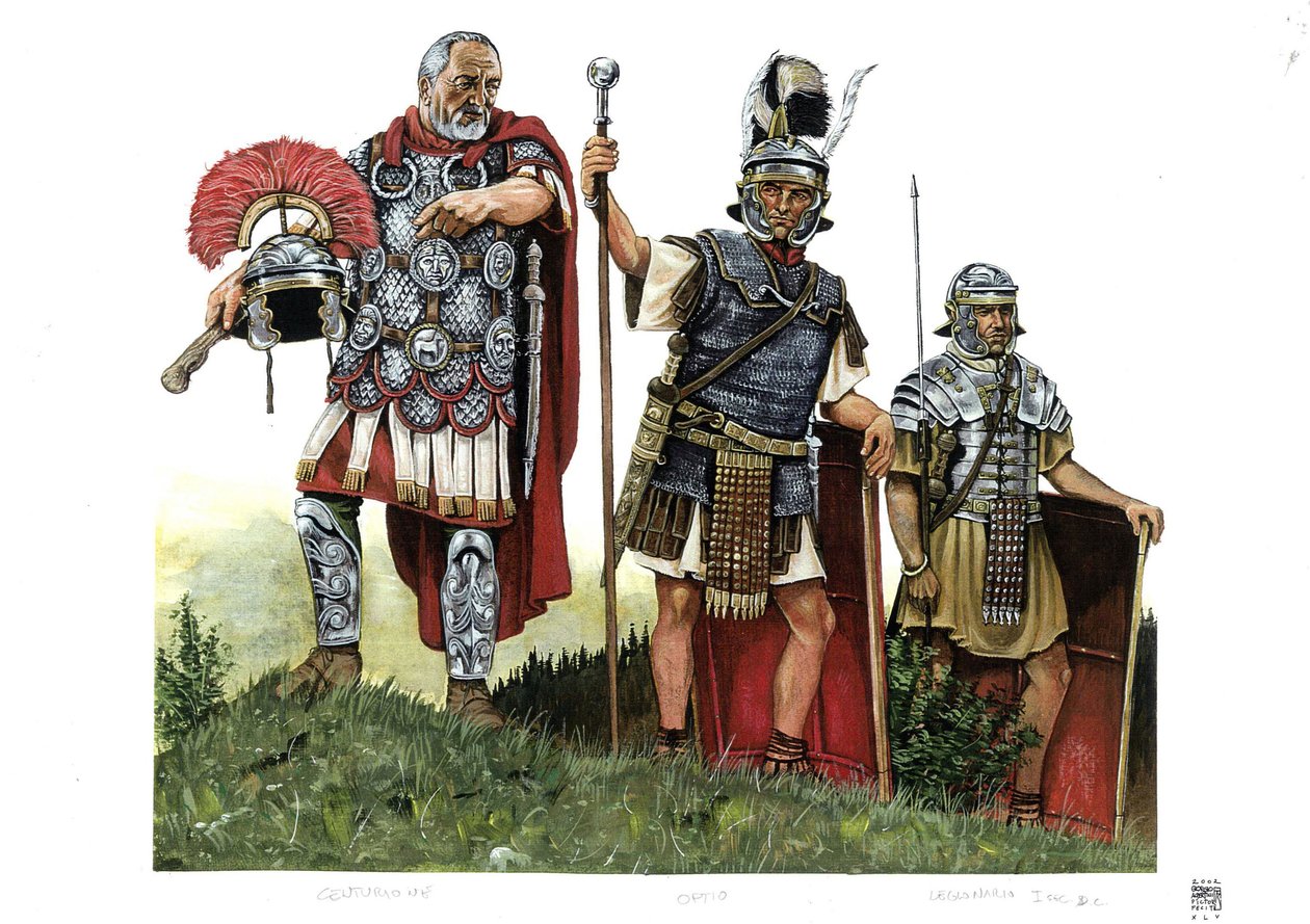 Antika Rom: en centurion, en optio (budbärare mellan centurioner och decurioner) och en legionär. 2:a århundradet av Giorgio Albertini