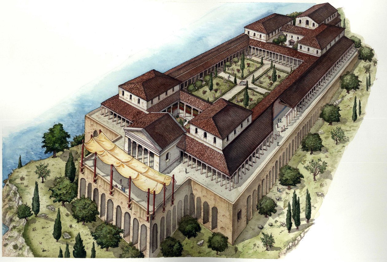 Antika Rom: Rekonstruktion av den romerska villan Catulle eller Cave di Catullo, bostad för den latinska poeten med samma namn (1:a århundradet f.Kr.), belägen runt Sirmione, på Gardasjöns meridionella strand (lago di Garda). i Italien. av Giorgio Albertini