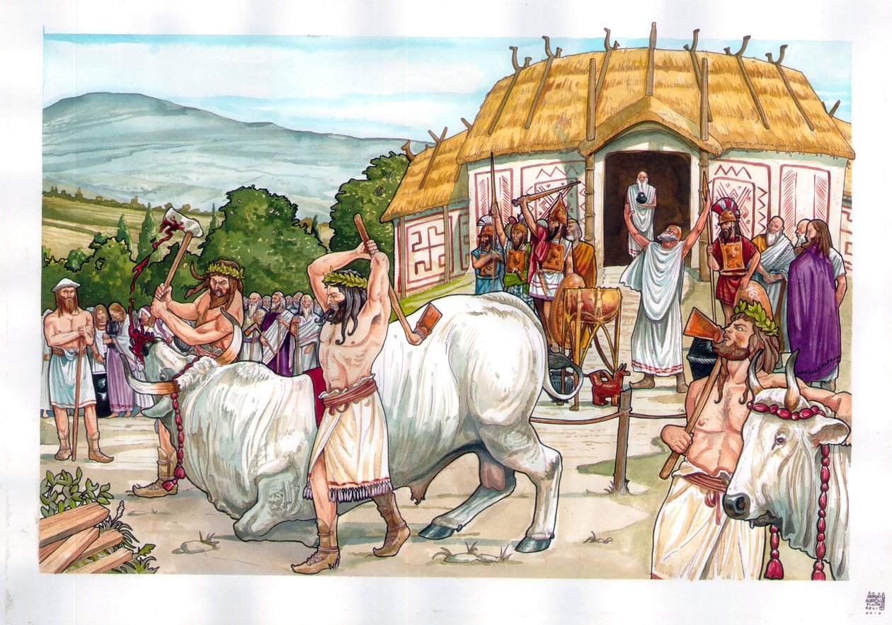 Antika Rom: offerceremoni vid Jupitertemplet på berget Albain (Albanus mons eller Monte Albano) nära Rom i Italien. av Giorgio Albertini