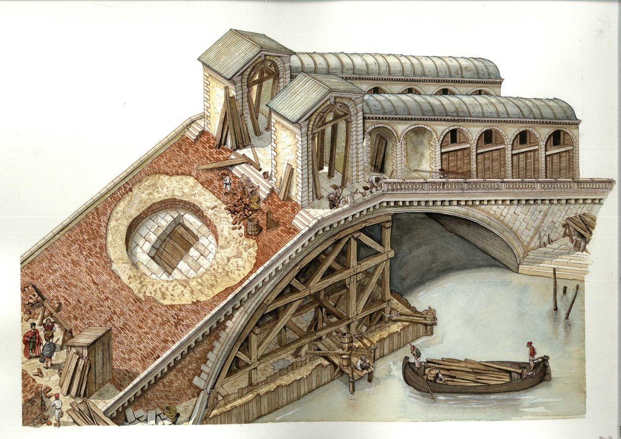 Arkitektur: byggarbetsplatsen för Rialtobron 1588-1591 i Venedig, Italien. Illustration av Giorgio Albertini (Användningen av denna upphovsmans verk kräver inte tillstånd från tredje part eller betalning av ytterligare royalties. av Giorgio Albertini