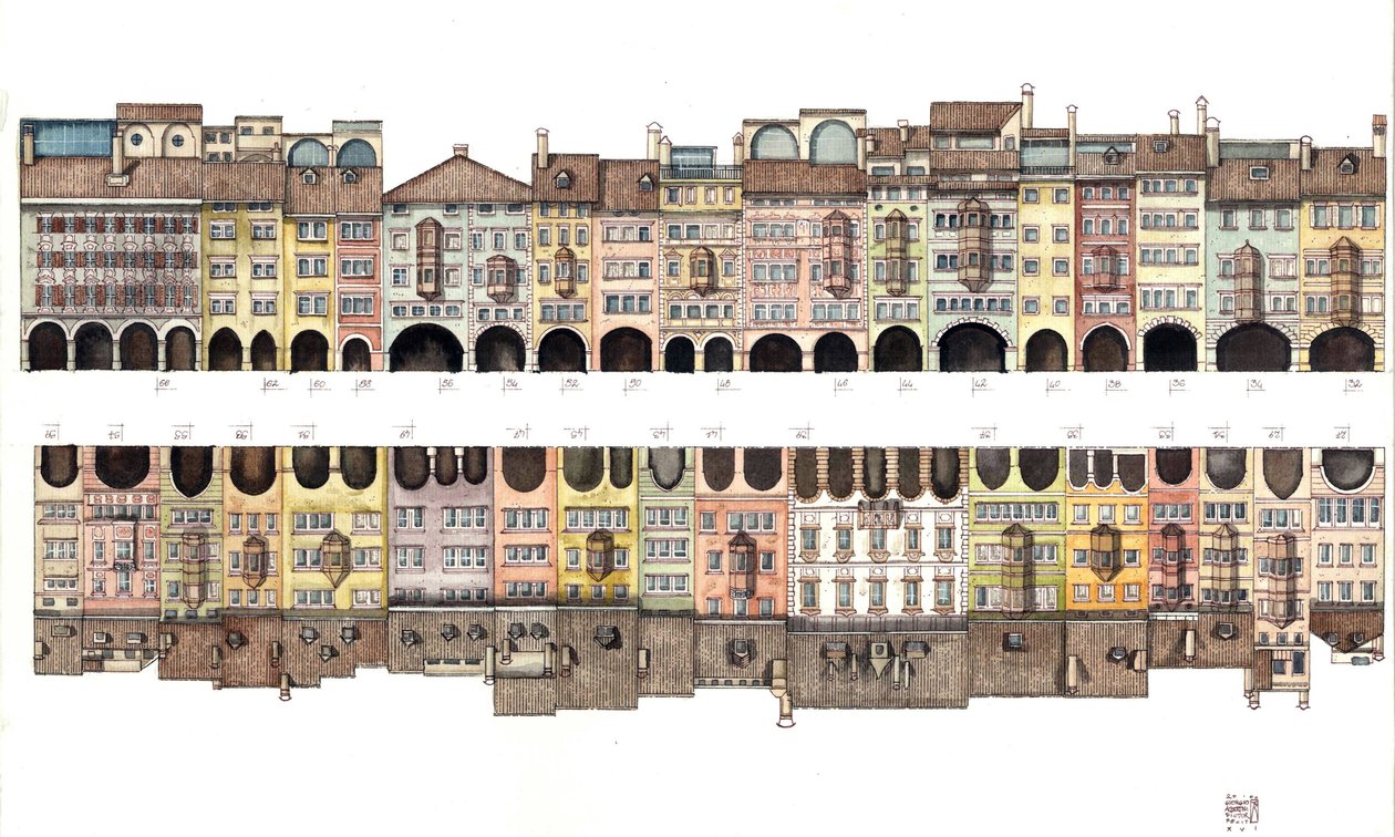 Arkitektur: Platt vy av Via dei Portici, täckt galleri med portik, tillsammans med färgade hus, från staden Bolzano, Italien Illustration av Giorgio Albertini. (Användningen av denna upphovsmans verk är inte föremål för en ansökan om tillstånd från av Giorgio Albertini
