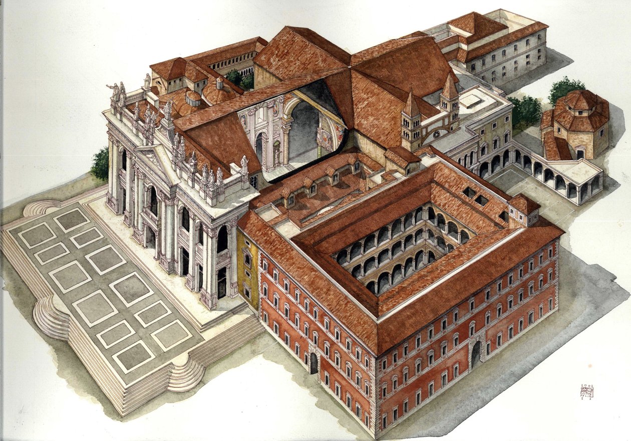 Barockarkitektur: rekonstruktion av S:t Johannes Lateranbasilikan (S:t Johannes Laterano eller San Giovanni in Laterano) (1600-1800-talet) Rom Illustration av Giorgio Albertini. (Användningen av denna författares verk är inte föremål för en ansökan om auth av Giorgio Albertini