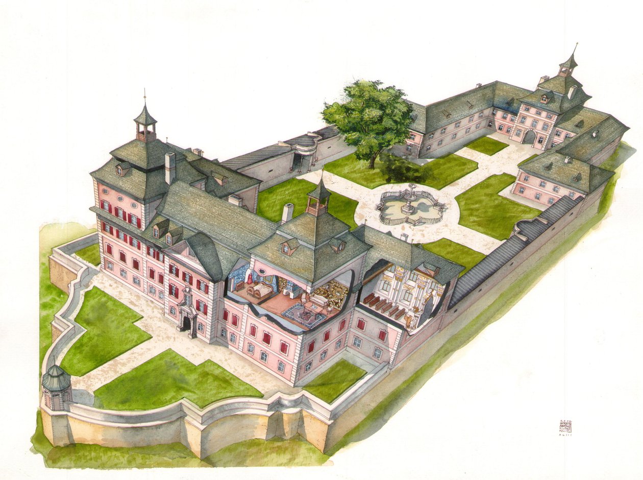 Barockarkitektur: rekonstruktion av slottet Wolfsthurn, Mareta, Bolzano, Italien Illustration av Giorgio Albertini. (Användningen av denna upphovsmans verk är inte föremål för en ansökan om tillstånd från tredje part eller för betalning av ytterligare avgi av Giorgio Albertini