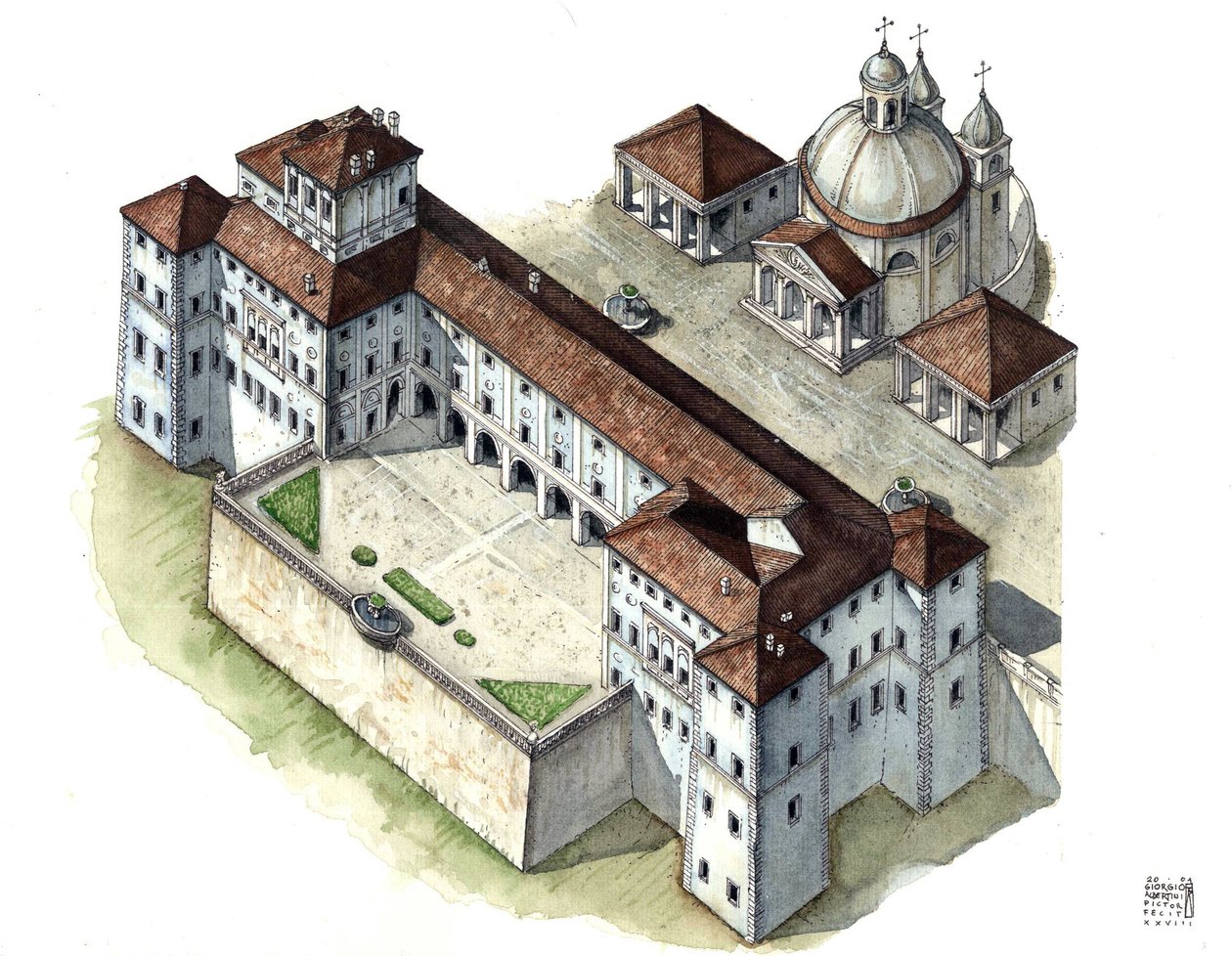 Barockkonst: aeriansk vy av palatset Chigi a Ariccia, Lazio, på 1600-talet. Italien av Giorgio Albertini