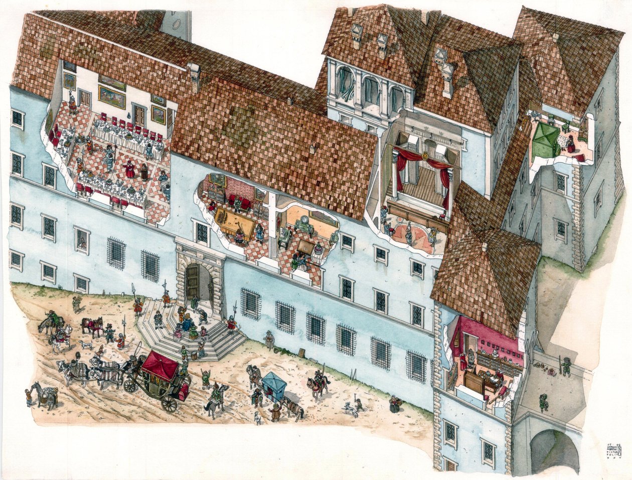 Barockkonst: vy och arkitektonisk sektion av palatset Chigi a Ariccia, Lazio, på 1600-talet. Interiören i familjerummen och tjänstefolkets bostäder är synliga. Italien, Italien av Giorgio Albertini