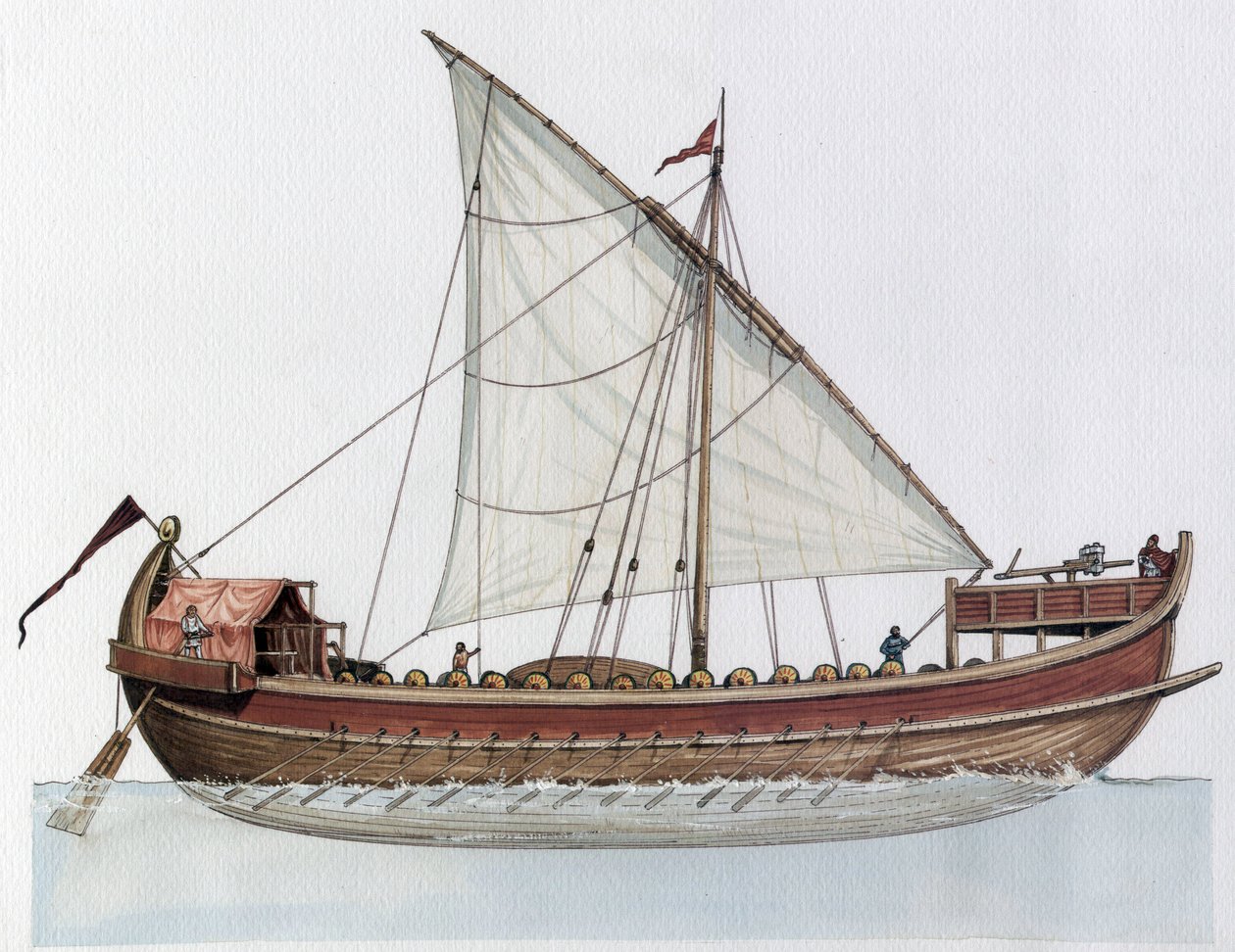 Bysantinska riket: rekonstruktion av en dromon, krigsfartyg, 9-1100-talet. av Giorgio Albertini
