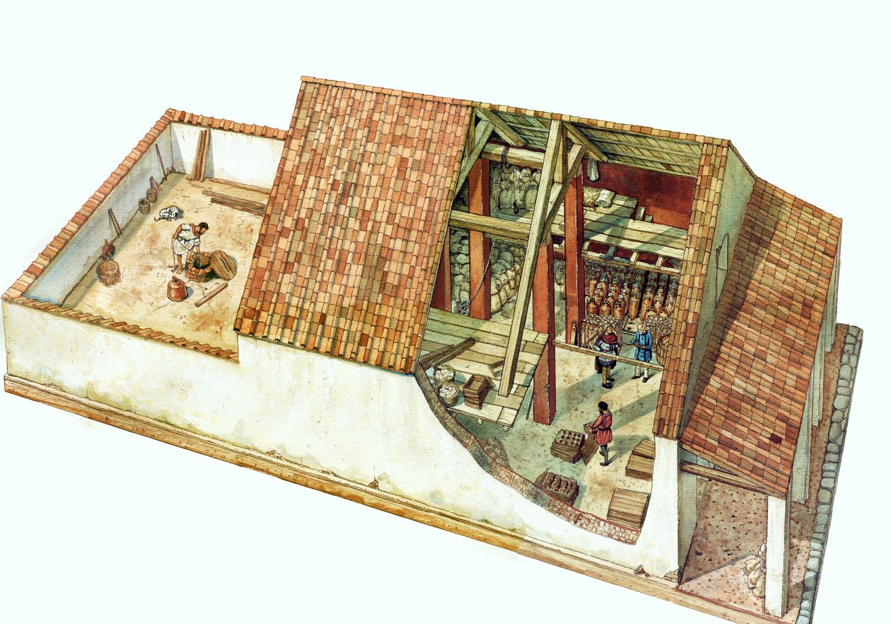 Bysantinsk arkitektur: rekonstruktion av en Class-butik, magasin i Classe-dockområdet, hamnen i staden Ravenna (Ravenna) på kejsar Justinianus tid. Italien 7: e århundradet. Byggnadens sektion gör att du kan se de lagrade varorna. av Giorgio Albertini