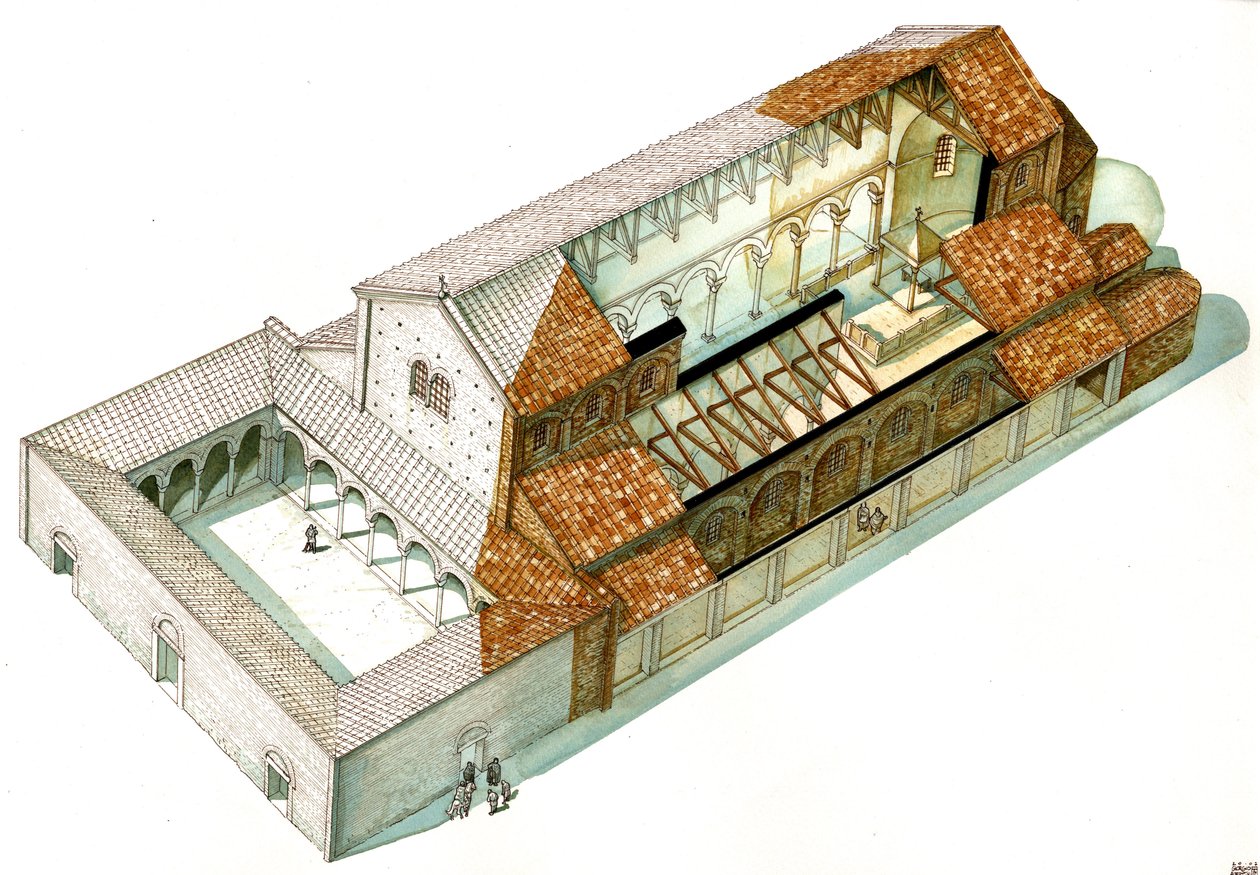 Bysantinsk konst: rekonstruktion av basilikan Cabianca, grundad under kejsar Justinianus I (482-565) i Ravenna (Ravenna). Italien av Giorgio Albertini