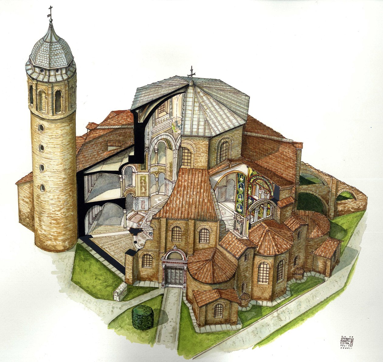Bysantinsk konst: framställning av S:t Vitals basilika (S:t Vital eller San Vitale) i Ravenna (Ravenna) på 500-talet. Flygfoto med utskärningar för att se interiören. Italien Illustration av Giorgio Albertini. (Användningen av denna författares verk är int av Giorgio Albertini