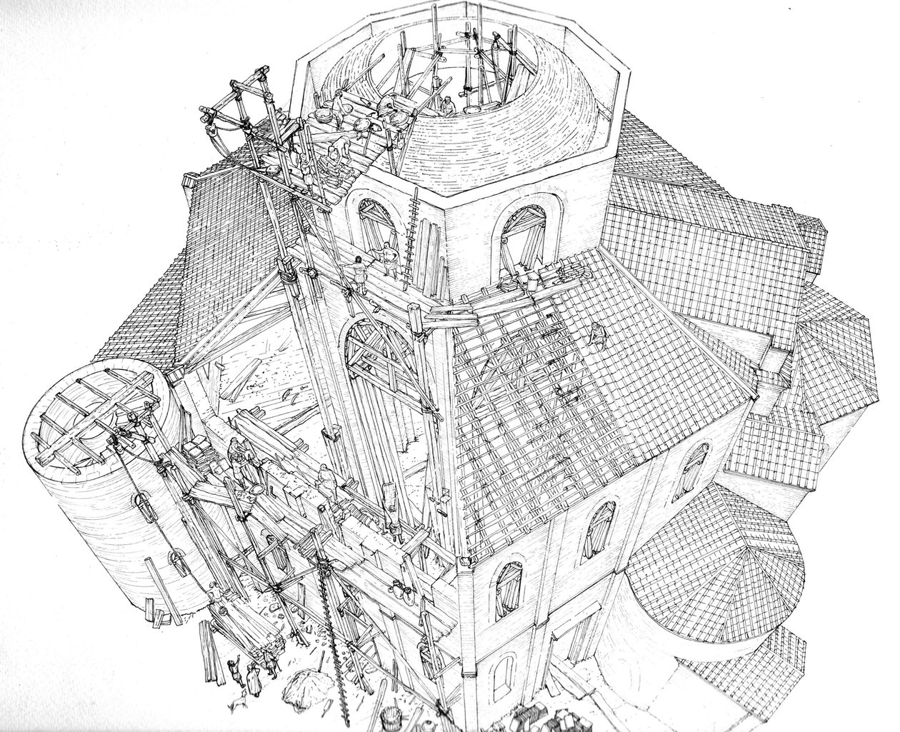 Bysantinsk konst: framställning av byggarbetsplatsen för basilikan St Vital (Saint Vital eller San Vitale) i Ravenna på 500-talet. Aeriansk vy som visar arbetarna på byggnadsställningarna som arbetar med kupolens ram. Italien Illustration av Giorgi av Giorgio Albertini