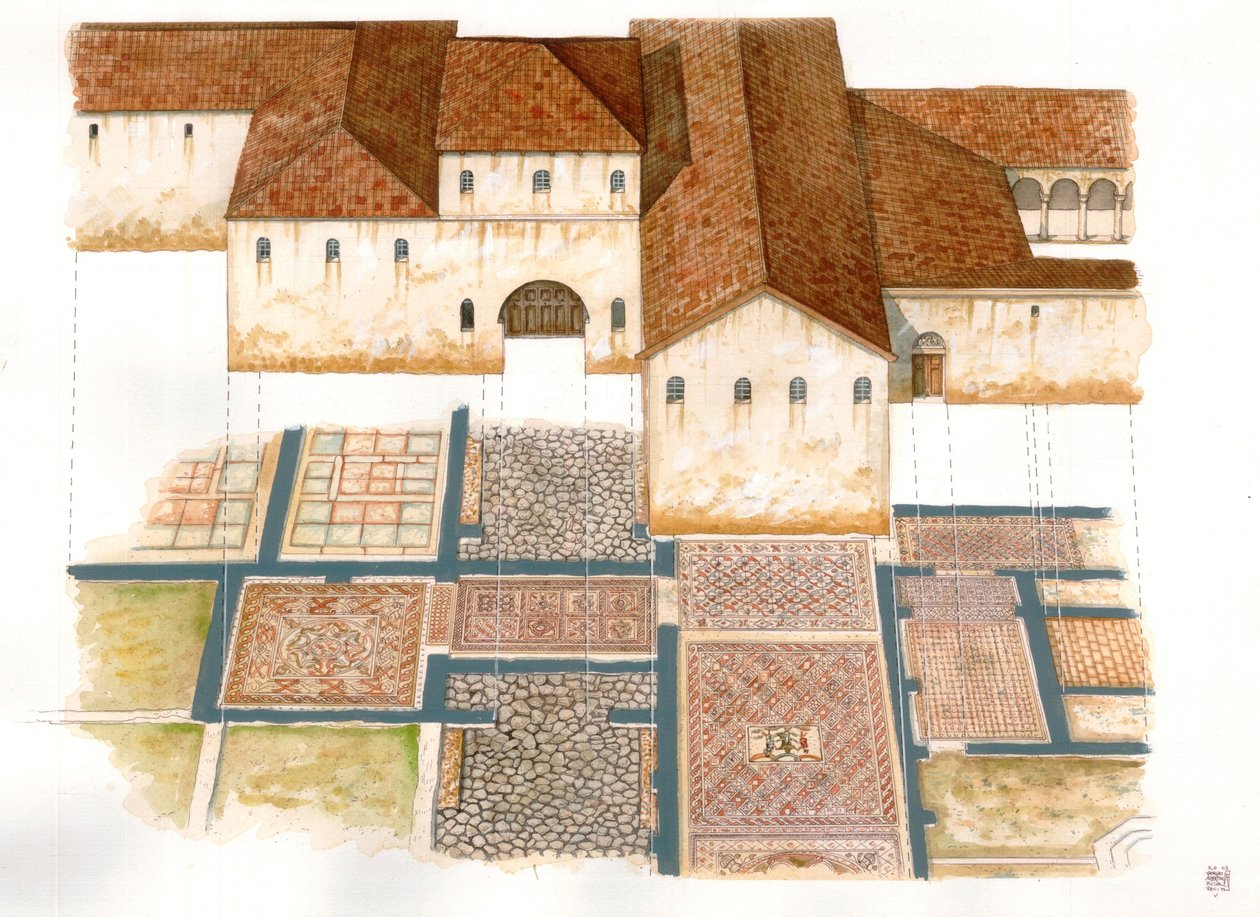 Bysantinsk konst: vy över Domus-platsen med stenmattor (dei tappeti di pietra) i Ravenna (Ravenna) på 600-talet, bestående av mosaik från ett bysantinskt palats. av Giorgio Albertini