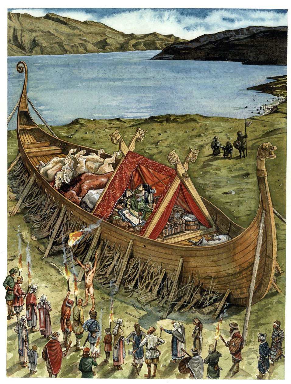 Begravningsceremoni bland vikingarna, den avlidne placeras i en misslyckad båt (drakkar) fylld med offrade djur och föremål från begravningsutrustningen, i väntan på förbränning. 10:e århundradet av Giorgio Albertini