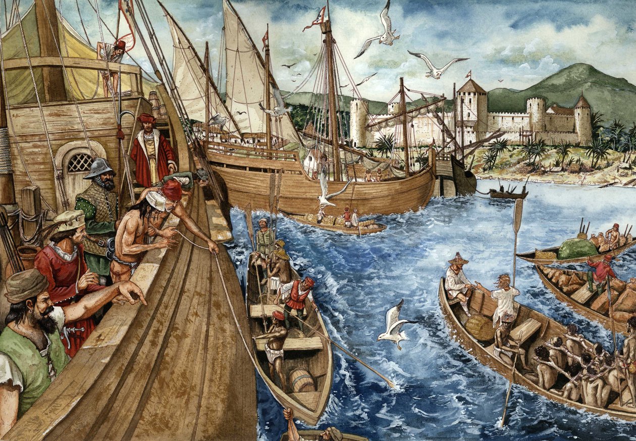 Kolonisering av Guldkusten (Ghana) i Afrika: Portugiserna gav sig av till Guineas kust den 21.1.1482 och byggde fortet Sao Jorge de Mina (Elmina) för att stärka guld- och slavhandeln. Portugisiska karaveller representerade längs de afrikanska kusterna. Det av Giorgio Albertini