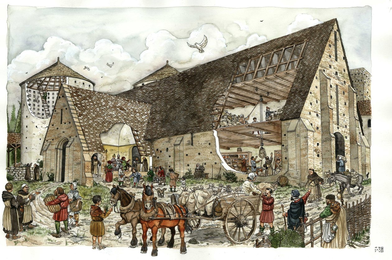 Leverans av livsmedel, livsmedel, förnödenheter i ladugården i ett franskt kloster på 1300-talet, snitt av klosterbyggnadernas struktur som gör det möjligt att se aktiviteterna och interiören i magasinen av Giorgio Albertini