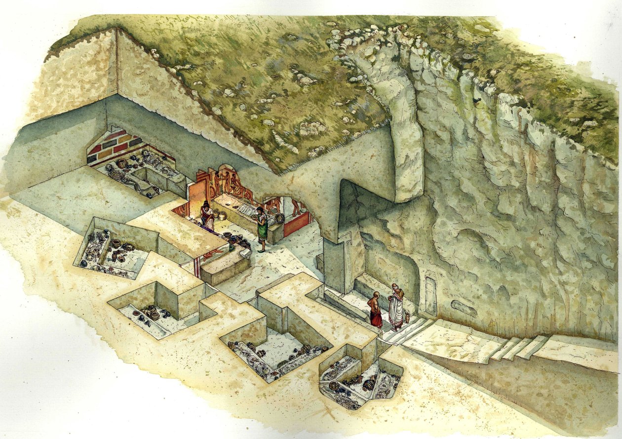Etruskisk civilisation: rekonstruktion och skärning av graven Francois de Vulci 3:e århundradet f.Kr. Italien av Giorgio Albertini