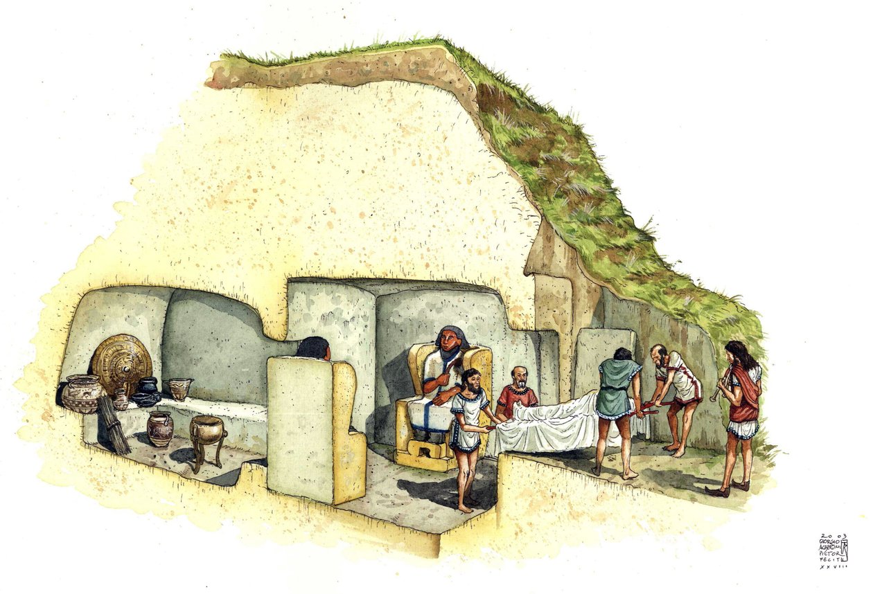 Etruskisk civilisation: rekonstruktion och tillskärning av statyernas grav, nekropolen Ceri. 7:e århundradet f.Kr. Italien Illustration av Giorgio Albertini. av Giorgio Albertini