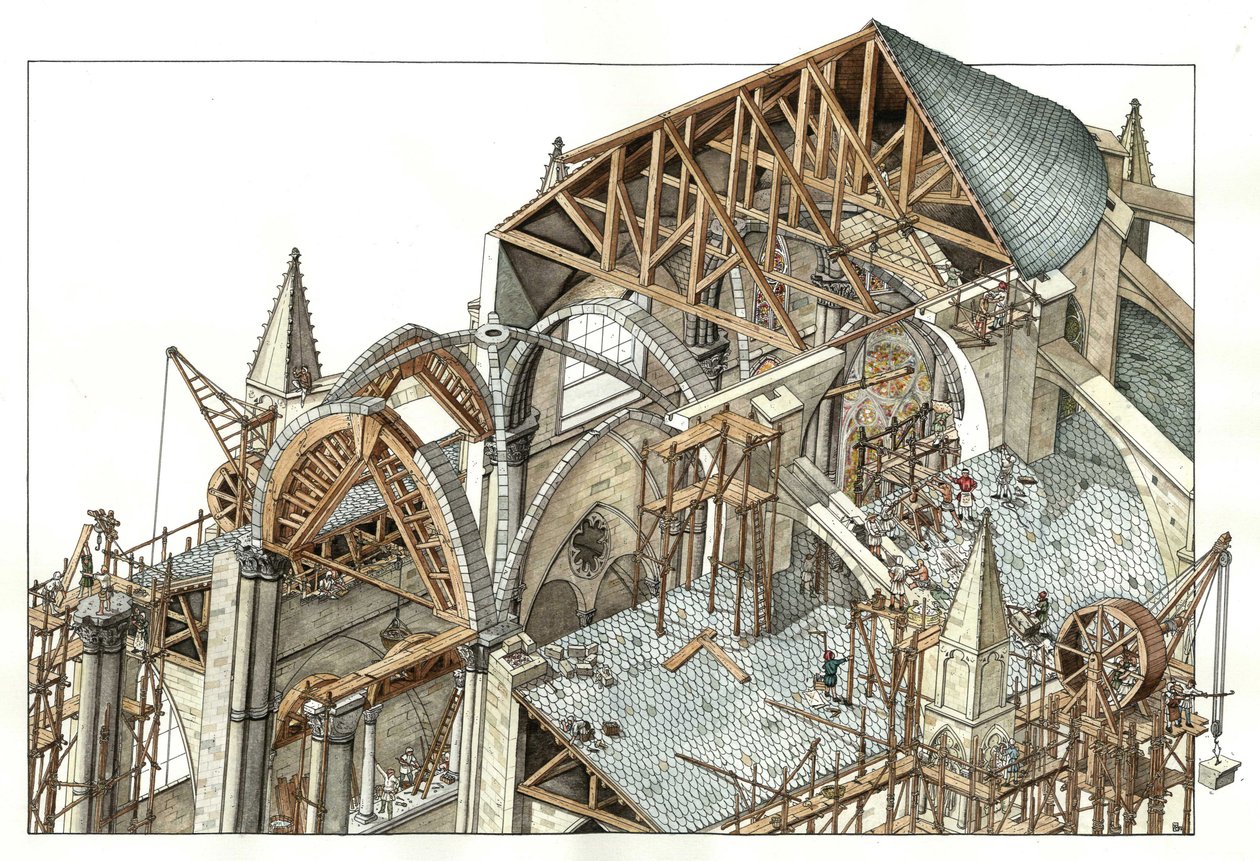 Gotisk konst: rekonstruktion av byggarbetsplatsen för en gotisk katedral, arbetarna klättrar på byggnadsställningar och använder taljor. 1200-talet Illustration av Giorgio Albertini. (Användningen av denna författares verk är inte föremål för en ansökan om av Giorgio Albertini