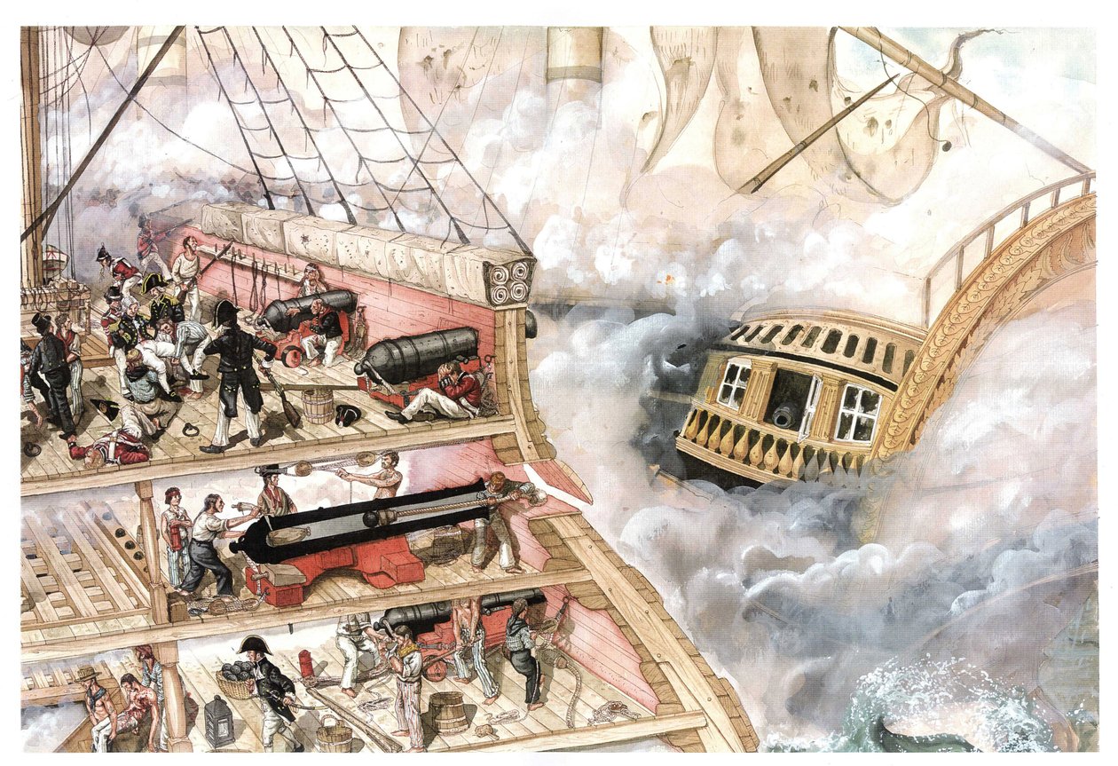 Napoleonkriget: Slaget vid Trafalgar, utkämpat den 21/10/1805 mellan den fransk-spanska flottan under befäl av amiral Villeneuve och den brittiska flottan under befäl av viceamiral Nelson. Tvärsnitt av fartyget som visar interiören, s av Giorgio Albertini