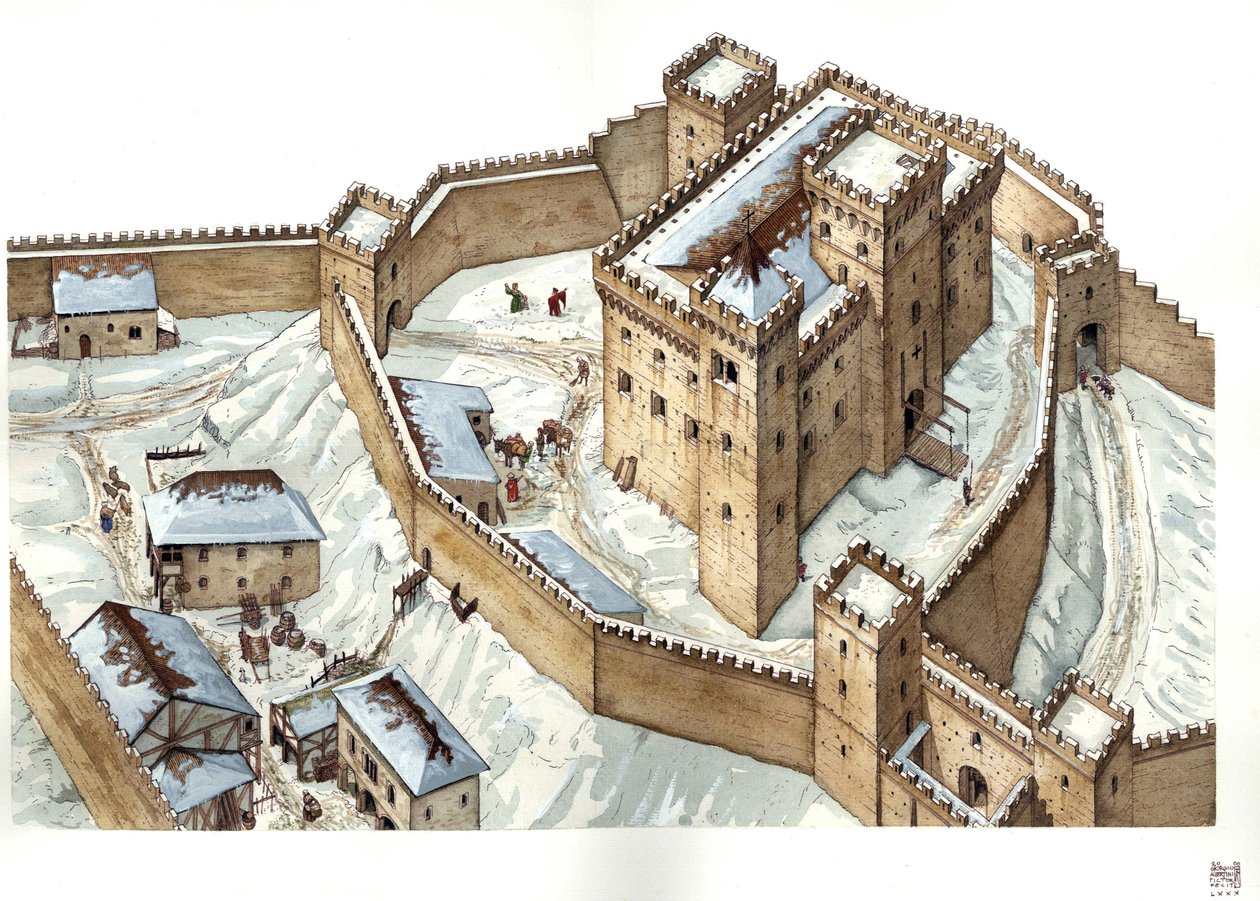 Medeltida arkitektur: rekonstruktion av staden Udines slott på 1300-talet. Italien Illustration av Giorgio Albertini. (Användningen av denna upphovsmans verk är inte föremål för en ansökan om tillstånd från tredje part eller för betalning o av Giorgio Albertini
