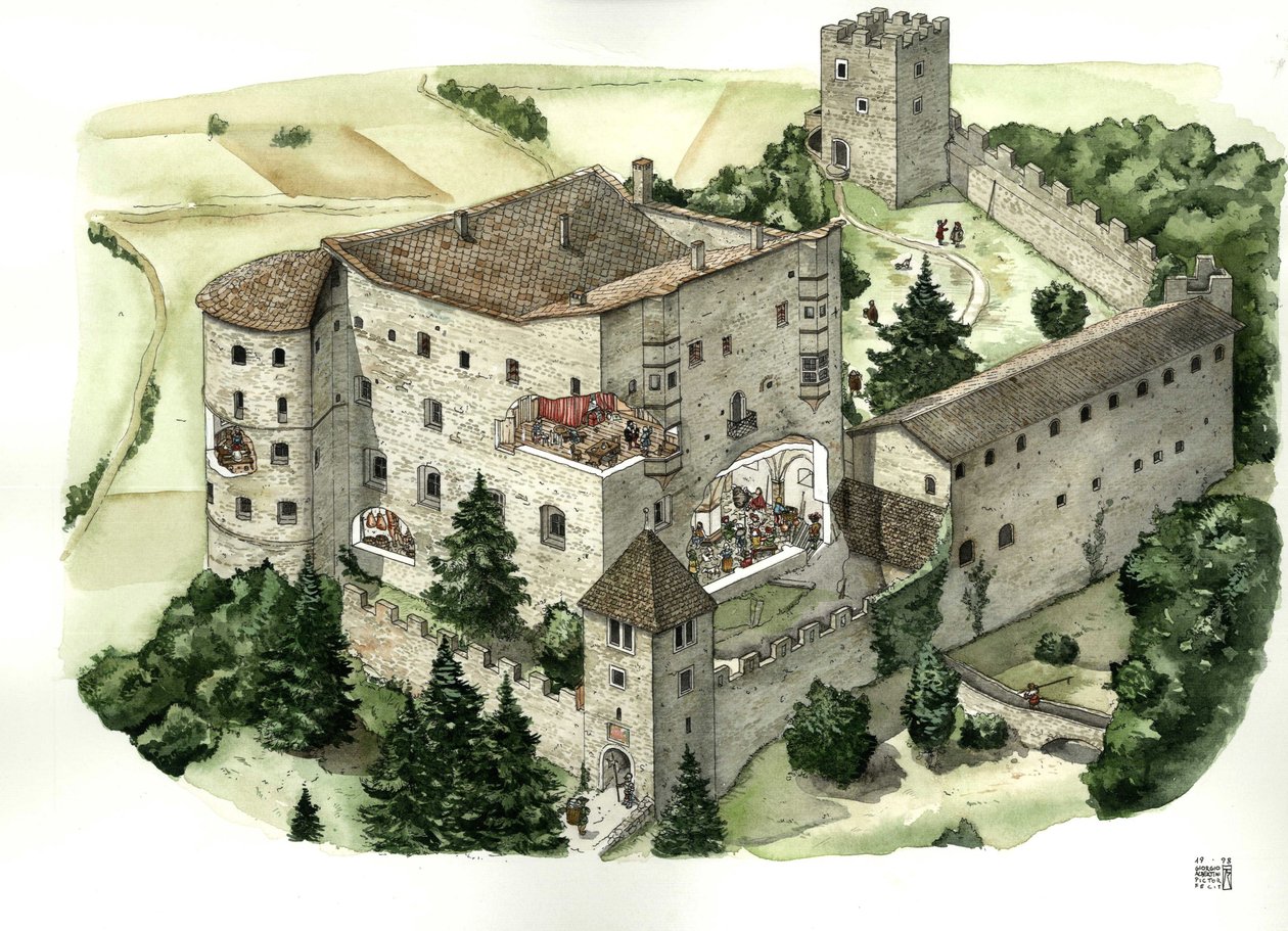 Medeltida arkitektur: vy över slottet Pergine, med öppningar som gör det möjligt att se invånarnas liv i slottets rum på 1500-talet. Pergine Valsugana, Trento, Italien Illustration av Giorgio Albertini. (Användningen av denna författares verk av Giorgio Albertini