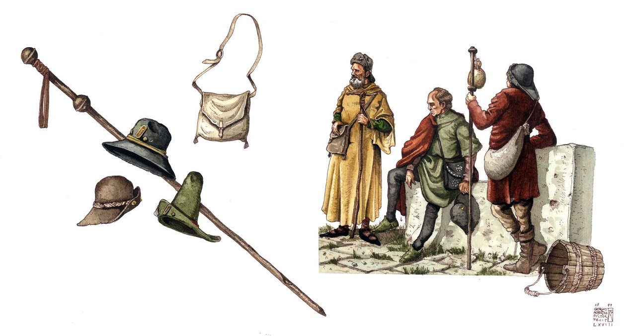 Medeltida mode: pelerindräkt mellan 1100- och 1300-talet, väska, hattar, käpp, tunikor. av Giorgio Albertini
