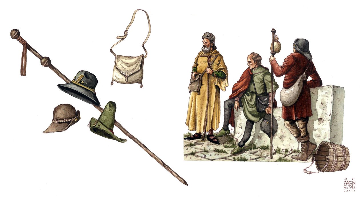 Medeltida mode: pelerindräkt mellan 1100- och 1300-talet, väska, hattar, käpp, tunikor. av Giorgio Albertini