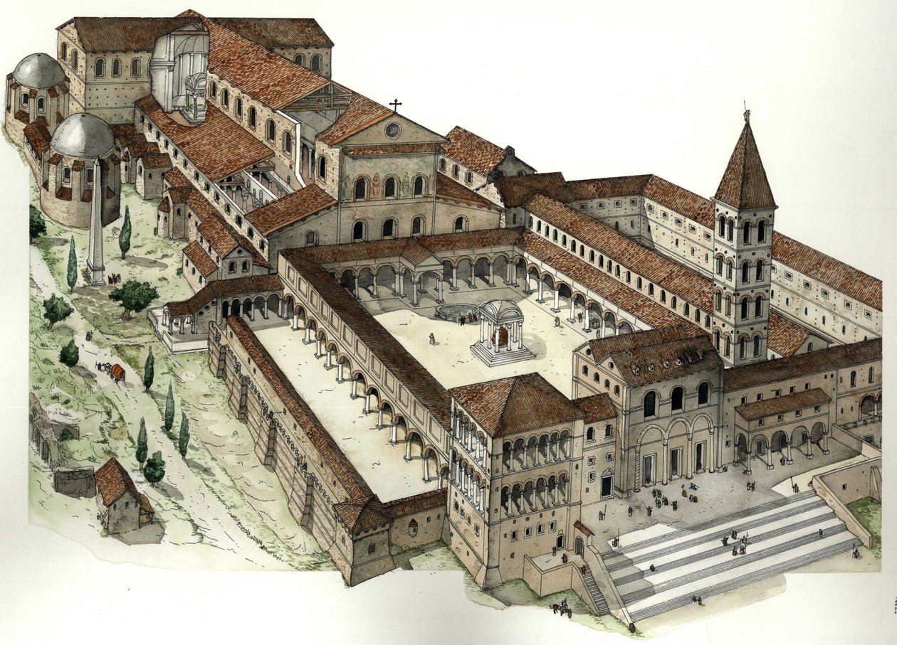 Medeltiden: Den antika Peterskyrkan i Rom (San Pietro-kyrkan eller Konstantinbasilikan) ca 1300, Rom Italien av Giorgio Albertini