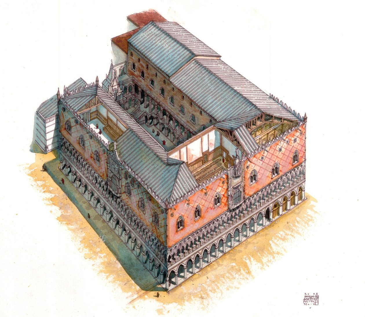 Medeltiden: vy från luften och arkitektonisk sektion av Dogepalatset (eller Hertigpalatset eller Palazzo Ducale) på Markusplatsen i Venedig på 1400-talet. Italien av Giorgio Albertini