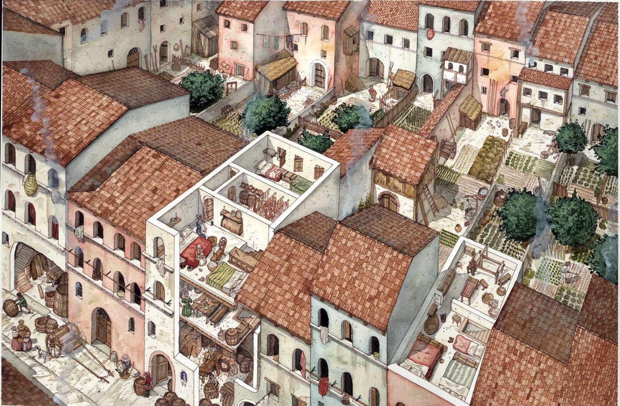 Medeltiden: aeriansk vy av bostäder, tvärsnittsvy av bostädernas interiör i Florens, Italien på 1200-talet. av Giorgio Albertini