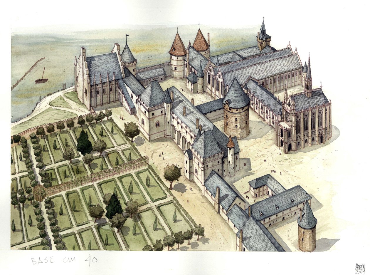 Medeltiden: Aeriansk vy av Conciergepalatset i Paris som det såg ut på 1400-talet, då det blev ett fängelse. av Giorgio Albertini