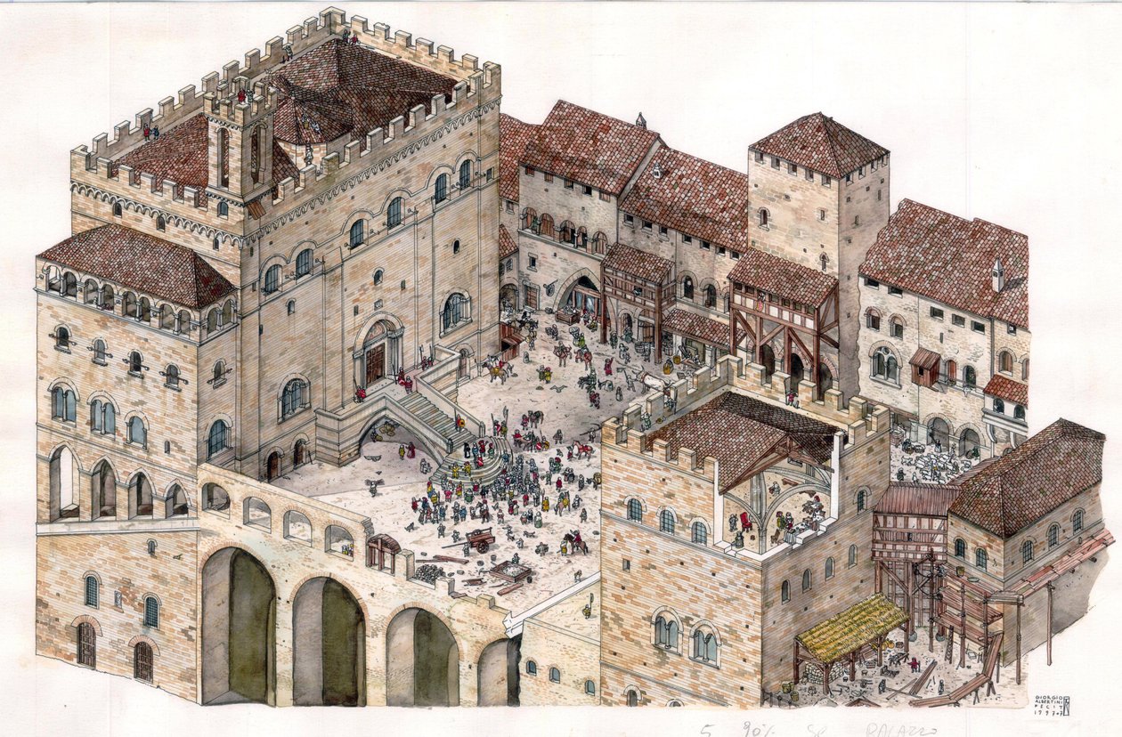 Medeltiden: Flygfoto över det centrala torget i staden Gubbio (Umbrien) i Italien på 1300-talet. Konsulspalatset syns till vänster. av Giorgio Albertini