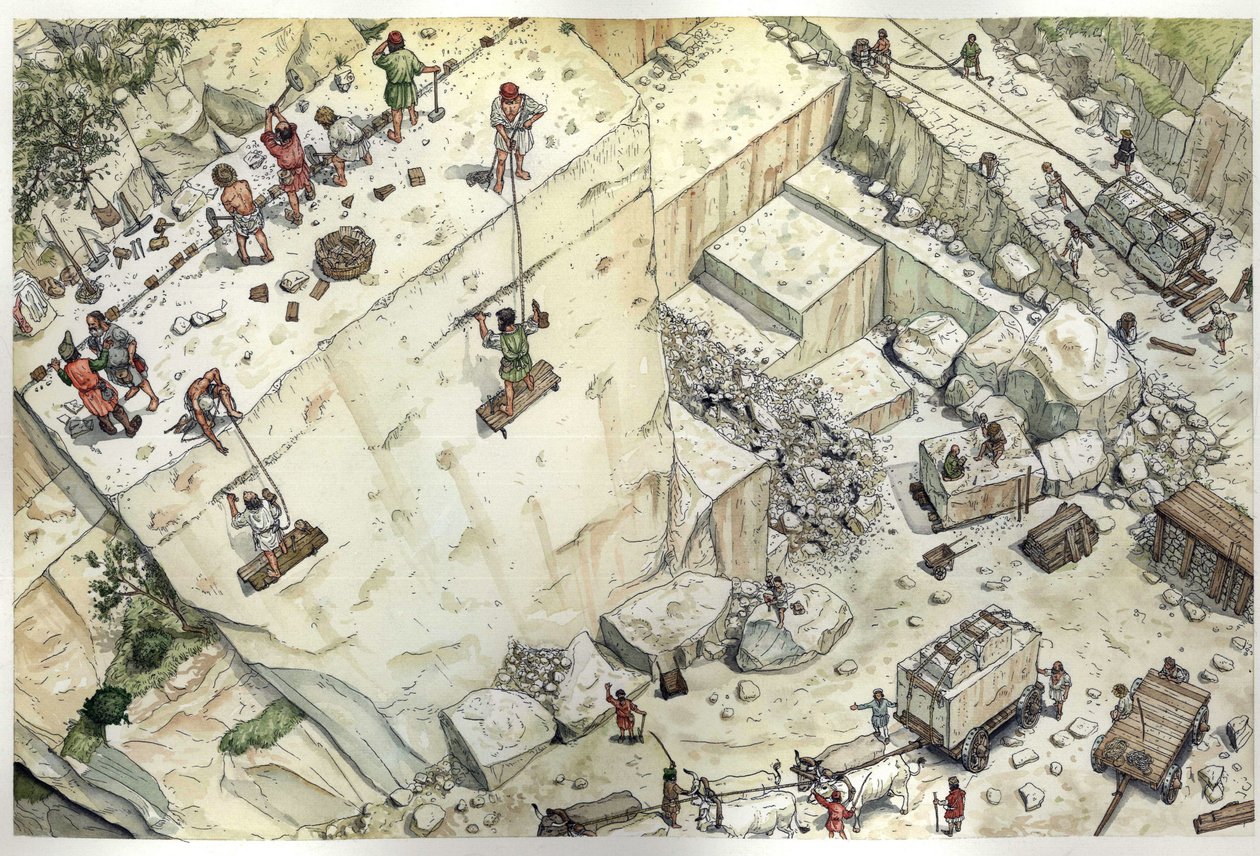 Medeltiden: luftfoto som föreställer arbetare som arbetar i marmorbrotten i Carrara (Carrara) på 1400-talet. De olika stegen är representerade, utvinning, blockstorlek, transport. Italien Illustration av Giorgio Albertini. (Användningen av denna författare av Giorgio Albertini