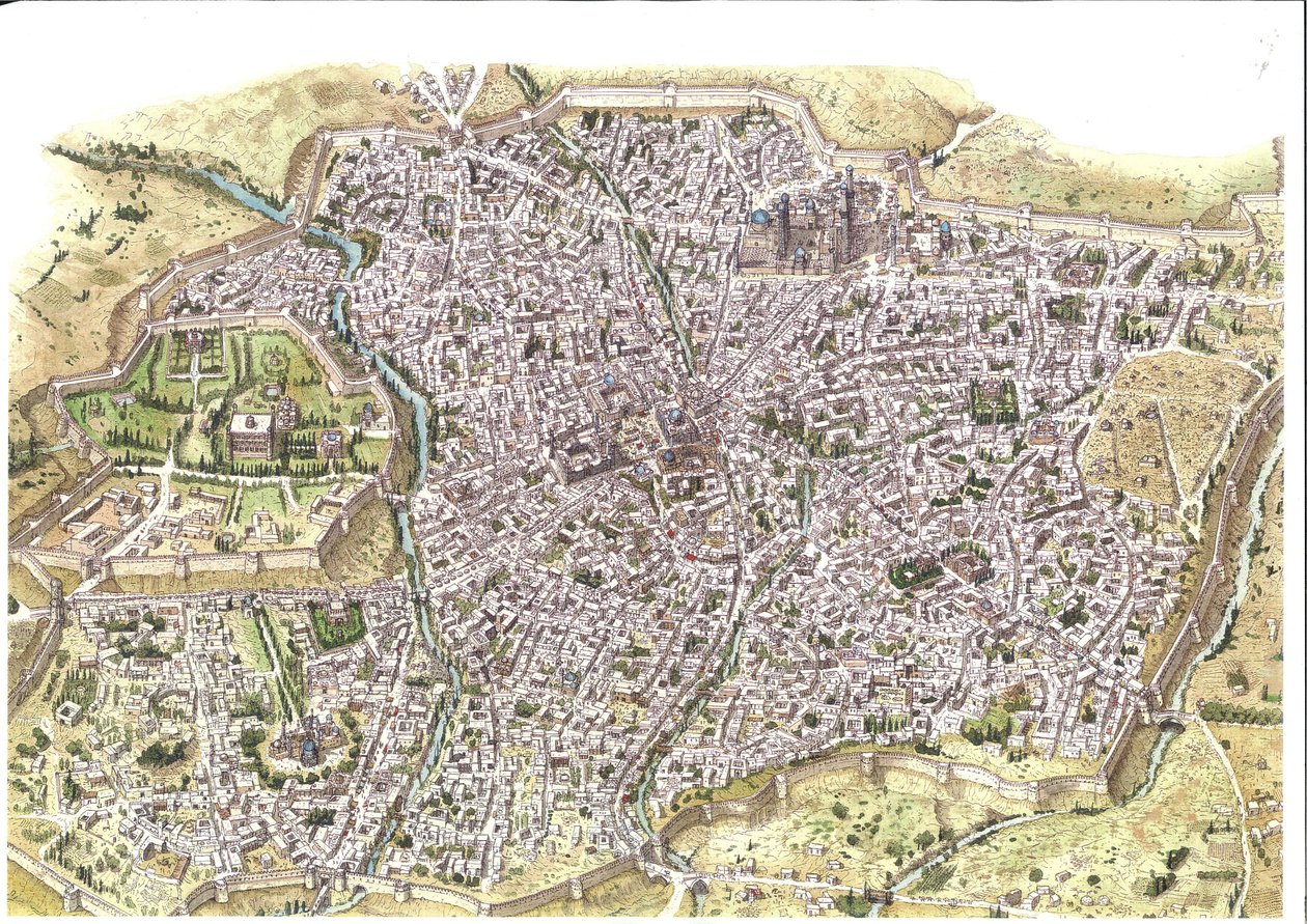 Medeltiden: detaljerad flygbild över staden Samarkand (Samarkand), vallarna syns, i Uzbekistan på den mongoliska Chaybaniddynastins tid. 1450 runt Centralasien. Illustration av Giorgio Albertini. (Användningen av denna författares verk är av Giorgio Albertini