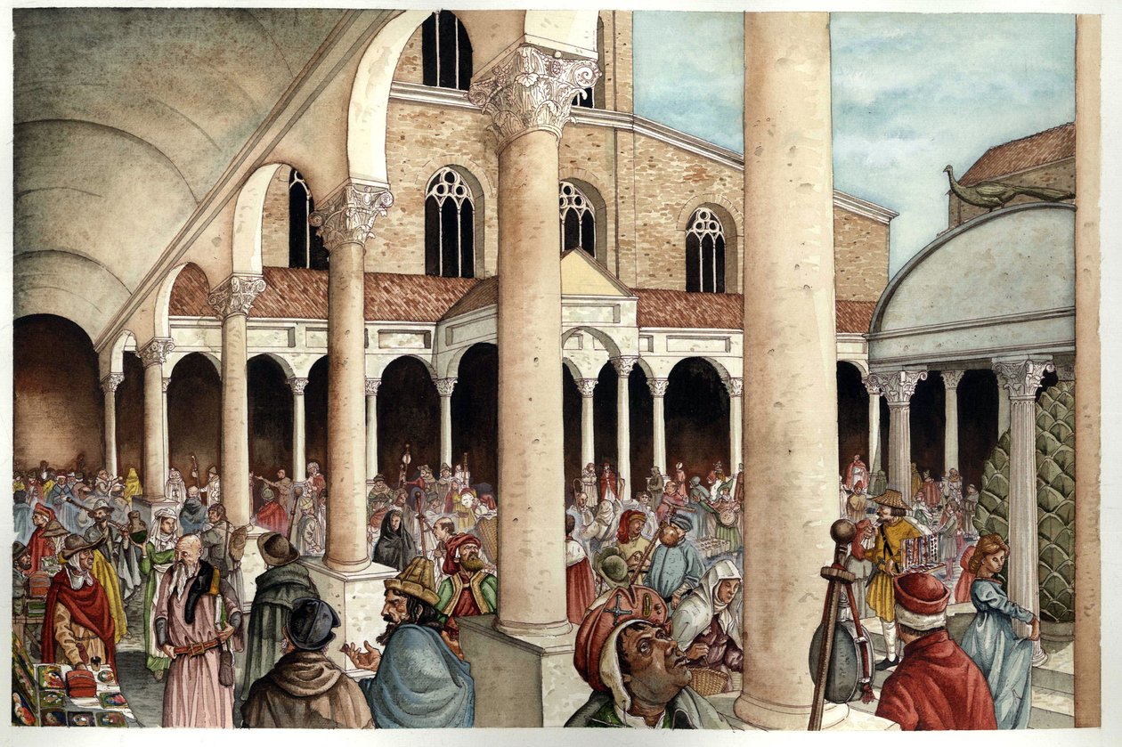 Medeltiden: fideles, pelerins, handelsmän och romare representerade på 1200-talet i peristylen (ingången) till den antika Peterskyrkan i Rom (Peterskyrkan eller San Pietro-kyrkan eller Konstantinbasilikan) från romarriket, Rom av Giorgio Albertini