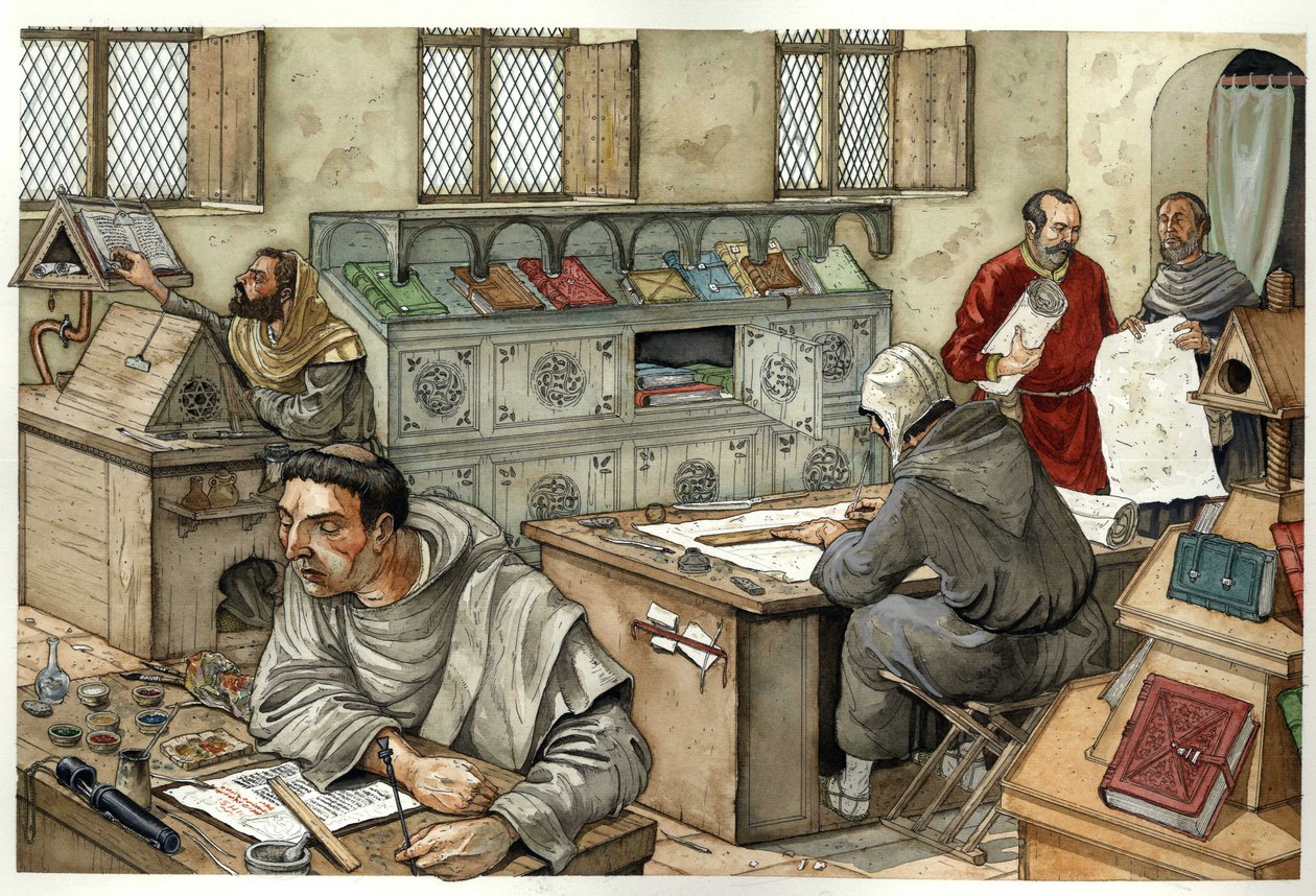 Medeltiden: munkar kopierar manuskript i ett scriptorium på 1200-talet. llustration av Giorgio Albertini. av Giorgio Albertini