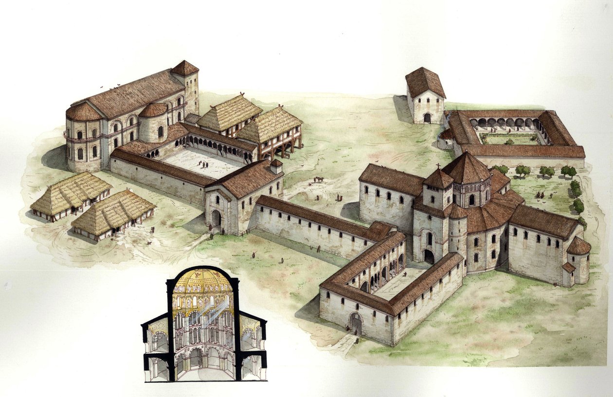 Medeltiden: översikt och tvärsnitt som rekonstruerar Karl den stores palats (ca 742-814) som byggdes av arkitekten Eudes de Metz omkring år 794 i Aachen (Aachen) Tyskland. Illustration av Giorgio Albertini. (Användningen av denna författares verk är inte f av Giorgio Albertini