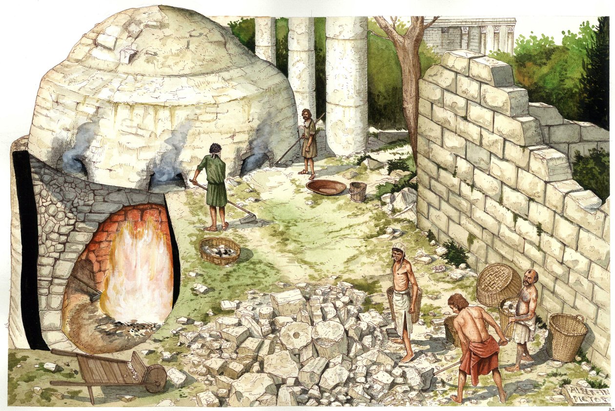 Medeltiden: återskapande av en kalkugn (chaufour), arbetare bearbetar kalksten. Illustration av Giorgio Albertini. (Användningen av denna författares verk är inte föremål för en ansökan om tillstånd från en tredje part eller för betalning av ytterligare av av Giorgio Albertini